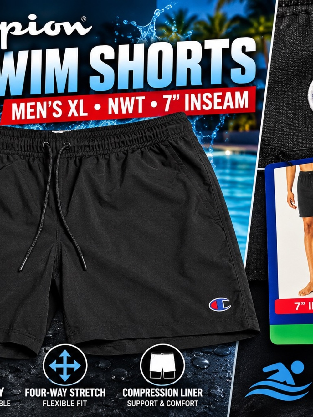 Champion Men’s XL Swim Shorts 7” Inseam Black UPF 50 Quick Dry NWT Stretch